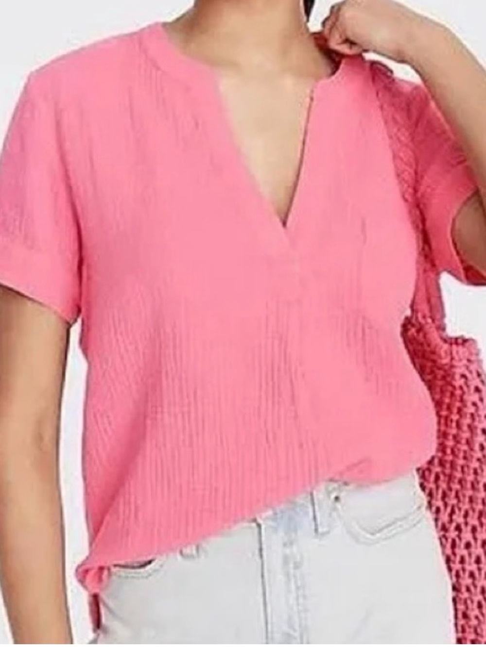 J. Crew Coral Pink Split V-Neck Short Sleeve Top Gauzy- S